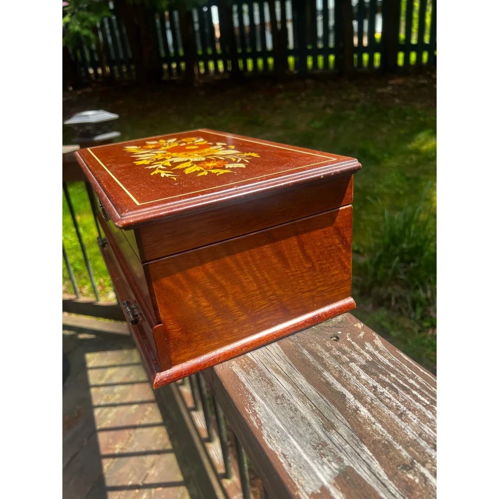 Vtg 70s Floral Wood Jewelry Box‎ Retro Cottagecore Mirror Drawer